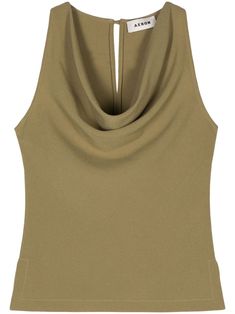 olive green stretch-design georgette crepe cowl neck sleeveless short side slits straight hem keyhole detail to the rear single rear button fastening Olive Green Clothing, Fitted Sleeveless Olive Top, Fitted Olive Sleeveless Top, Green Clothing, City Dress, Cute Pajamas, Cowl Neck Top, Airport Fashion, Demi Fine Jewelry