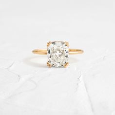 Product photo of 14k Yellow Gold 2.6ct. Cushion-cut Solitaire Diamond Threaded Engagement Ring featuring four triple-prongs|14k Yellow Gold Dainty Gold Band, Cushion Cut Solitaire, Moissanite Solitaire Ring, Basket Setting, Cushion Cut Moissanite, Inspiration Photos, Cushion Cut Ring, Rings Engagement, Cushion Cut Diamonds