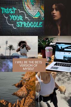 a collage of photos with the words trust your struggle and images of women using their laptops