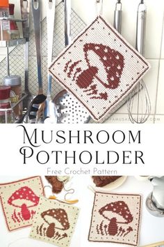 two crocheted potholders with the words mushroom potholder on them and an image of