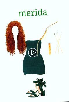 a woman's dress and shoes with the word merida written on it in green