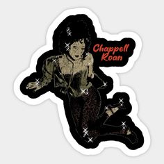 a sticker with an image of a woman sitting on the floor and texting, chapell room