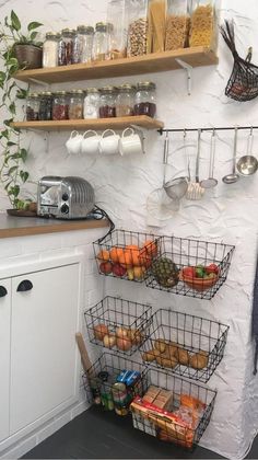 a kitchen with shelves filled with food and cooking utensils