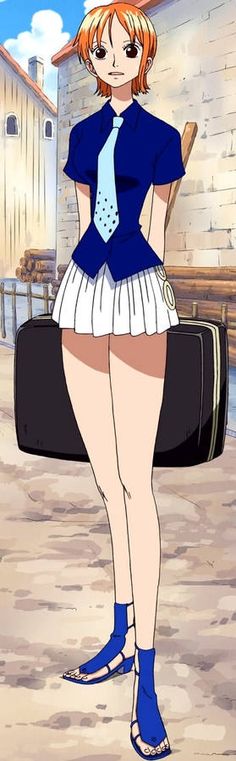 an anime character is holding a suitcase and posing for the camera