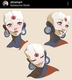 three different angles of the head of a person with red eyes and blue earrings