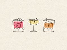 three glasses filled with different types of drinks