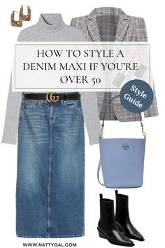 How To Dress A Denim Skirt, Outfits With Midi Denim Skirt, Jean Skirt Black Boots, Maxi Skirts With Boots, Denim Mermaid Skirt Outfit, Long Cream Denim Skirt Outfit, Dark Denim Maxi Skirt Outfit, Style Maxi Denim Skirt, Styling A Denim Maxi Skirt