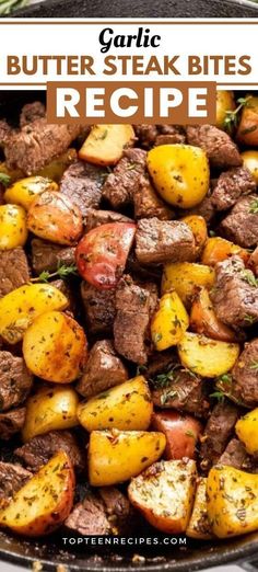 garlic butter steak bites recipe in a skillet with potatoes and carrots on the side