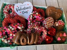 valentine's day treats in a box on a table