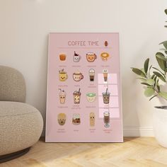 a pink poster with coffee time on it next to a chair and potted plant