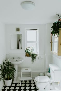 a black and white checkered floor bathroom with potted plants on the window sill