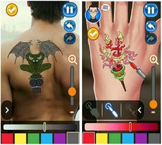 an app for tattoo artists showing different designs on the back of someone's body