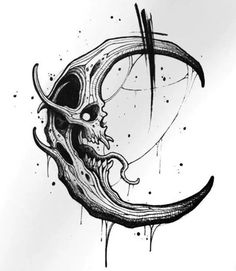 a black and white drawing of a crescent with a skull on it's side