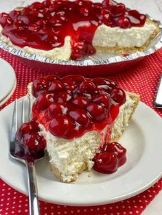 a piece of cheesecake with cherries on top