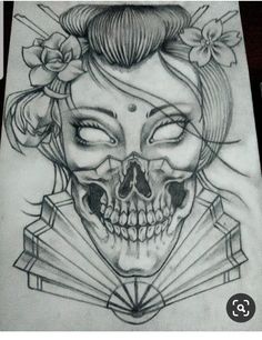 a pencil drawing of a woman's face with flowers in her hair and skull makeup