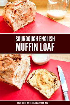 sourdough english muffin loaf on a red cutting board