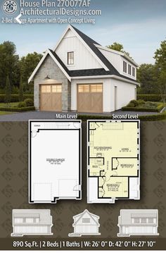 two story house plan with 2 car garage and living room, attached to the second floor