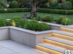 an outdoor garden with steps lit up and plants growing in the planter boxes on either side