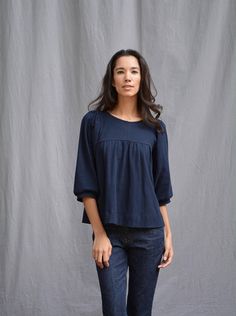 Mari Swing Top Relaxed Fit Cotton Blouse For Gatherings, Cotton Top With Gathered Sleeves Crew Neck, Cotton Crew Neck Top With Gathered Sleeves, Casual Tops With Relaxed Fit For Gatherings, Casual Cotton Tops For Gatherings, Long Sleeve Tops With Gathered Sleeves For Gatherings, Fitted Cotton Tops For Gatherings, Fall Smock Top With Relaxed Fit, Cotton Tops For Gatherings In Fall