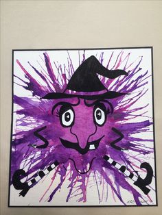 a purple and black drawing of a cat wearing a witches hat