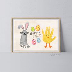 an easter card with the words happy easter written on it and two handprinted animals