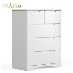 a white dresser with three drawers on top of it and gold lettering that reads aho