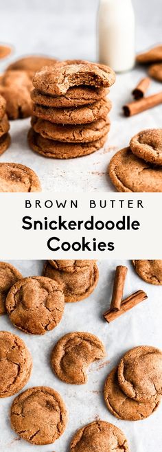 brown butter snickkerdoodle cookies are stacked on top of each other with cinnamon sticks