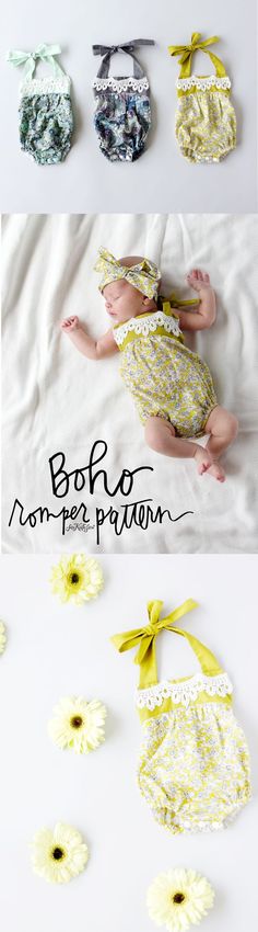 three different pictures of baby clothes with flowers on the bottom, and one in the middle