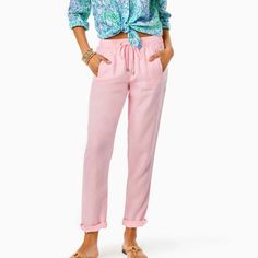 Pink Blossom Linen Lilly Pulitzer Pants New With Tags In Original Packaging Size Large The Taron Mid-Rise Linen Pant Is Splendidly Suited For Warm Days And Getaways Thanks To Our Machine Washable Lagoon Linen This Lightweight Linen Style Offers Exceptional Ease Of Wear Thanks To A Straight Tapered, Pull-On, Drawstring Waist Design. A Rolling Hem Brings A Touch Of Relaxed Styling, Too. Made From Natural European-Grown Fibers, The Taron Pant Will Get Softer And More Luxurious With Every Wash And W Flax Pants, Linen Pant, Seersucker Pants, Pink Blossom, Linen Style, Pink Linen, Linen Pants, Printed Leggings, Dress With Bow