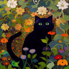 a painting of a black cat surrounded by flowers