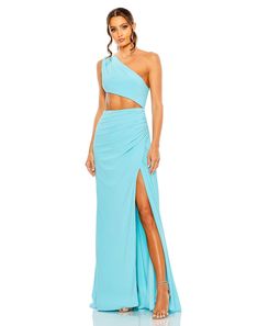 Ieena for Mac Duggal Jersey fabric (100% polyester) Fully lined Asymmetrical Neckline One-Shoulder Cutout Back Zipper Approx. 62.5" from top of shoulder to bottom hem Available in Spring Green and Powder Blue (Aqua) Style #55975 Asymmetric Gown, Vestidos Color Coral, Emerald Bridesmaid Dresses, Colorful Dresses Formal, Gold Bridesmaid Dresses, Plus Size Cocktail Dresses, Prom Long, Long Sleeve Dress Formal, Burgundy Bridesmaid Dresses