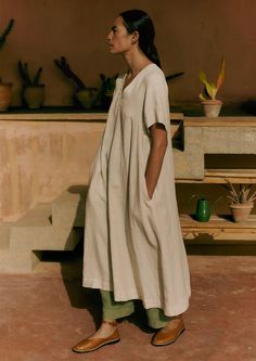 Garment Dyed Linen V-Neck Dress | Stone | TOAST Workwear Dresses, Floral Print Dresses, Easy Shape, Mens Loungewear, Dyed Linen, Loungewear Women, Poplin Dress, Dresses Floral, Fine Linen