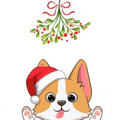 a cartoon dog wearing a santa hat and waving at the camera with christmas decorations above it