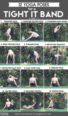 a man doing yoga poses in front of some trees and bushes with the instructions for how to