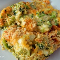 broccoli and cheese casserole on a white plate