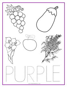 a coloring page with the word purple in it's center and pictures of flowers, fruit