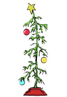 a drawing of a christmas tree with ornaments on it's top and the base