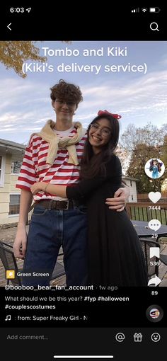 a man and woman standing next to each other in front of a house with the caption tombo and kiki kiki's delivery service