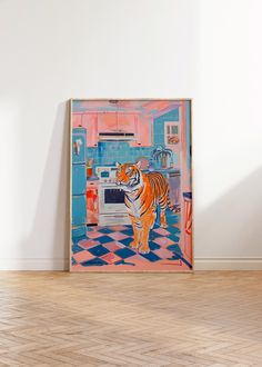 an orange tiger standing in the middle of a room with white walls and wooden floors