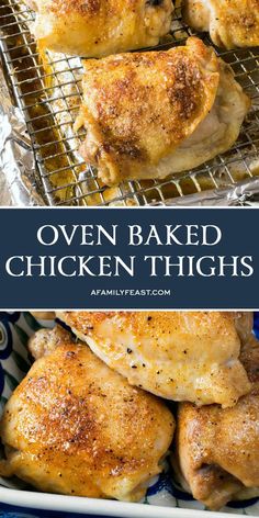 oven baked chicken thighs with text overlay