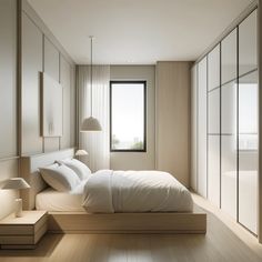 a bed sitting in a bedroom next to a window and wooden floor with white sheets on it