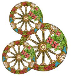 three colorful circles with flowers and leaves on them