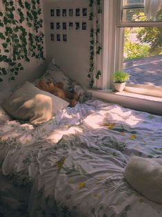 an unmade bed in front of a window with ivy growing on it