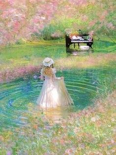 a painting of a woman in a dress and hat standing in the water near a bench