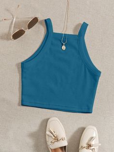 Azul Empoeirado Casual Collar  Tecido de malha Simples Suspensório Embellished Elasticidade Baixa Verão Crop Top Azul Outfit, Tops Azul, Tank Tops Outfit, Girly Tops, Preppy Tops, Top Azul, Crop Top Designs, Trendy Shirt Designs, Cute Preppy Outfits