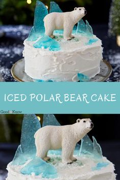 there is a white cake with blue icing and a polar bear on top that says iced polar bear cake