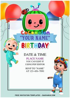 a birthday party flyer with two cartoon characters