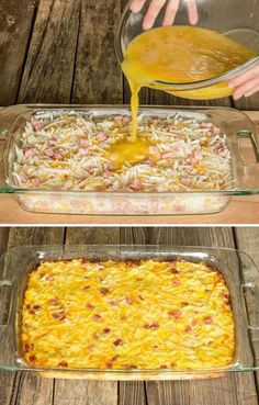 two pictures showing how to make an enchilada casserole with cheese