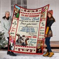 two women holding up a blanket with dogs on it and the words to my husband