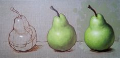 three pears and an apple are shown in this drawing, one is drawn with colored pencil